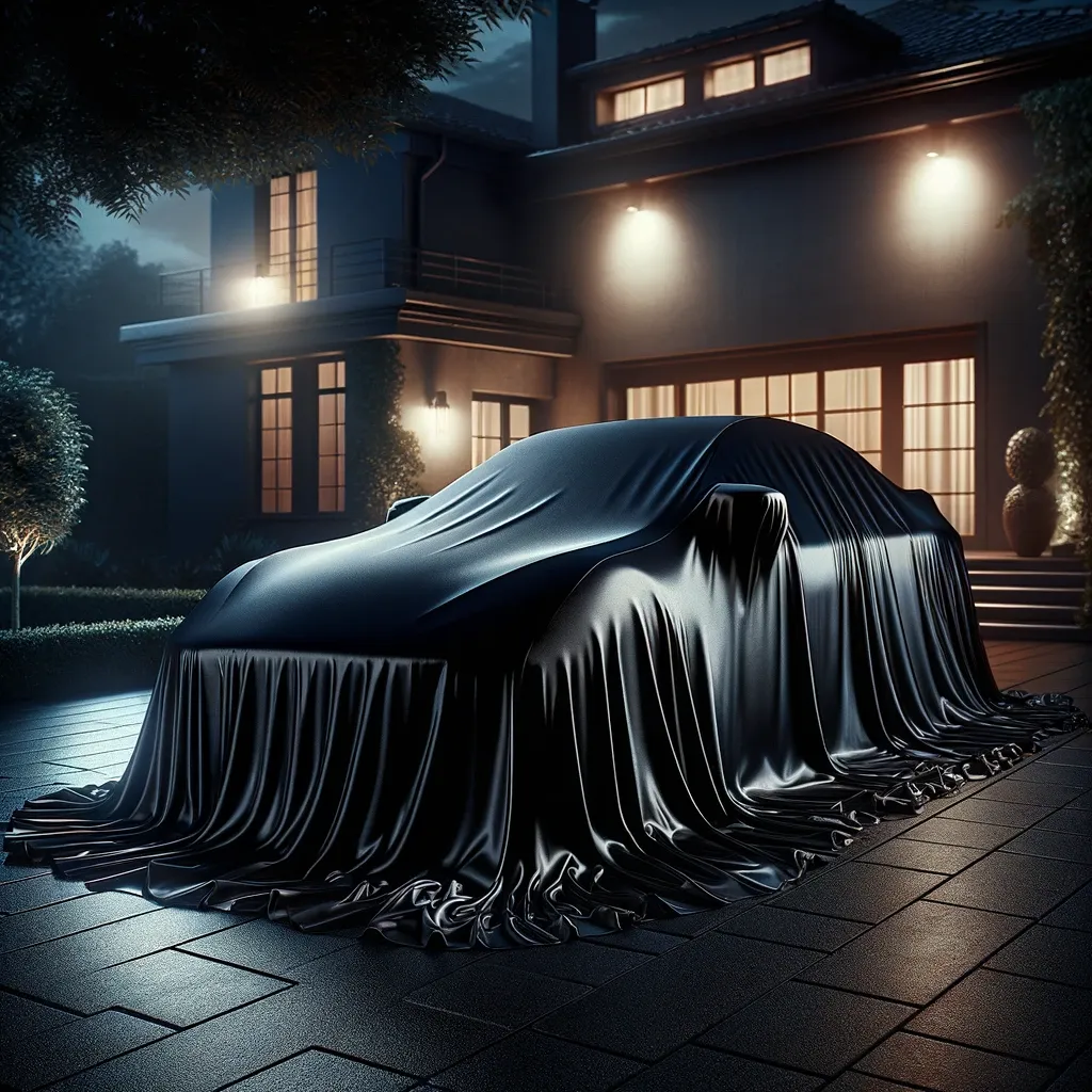 The black satin BL car cover in a outdoor garage.