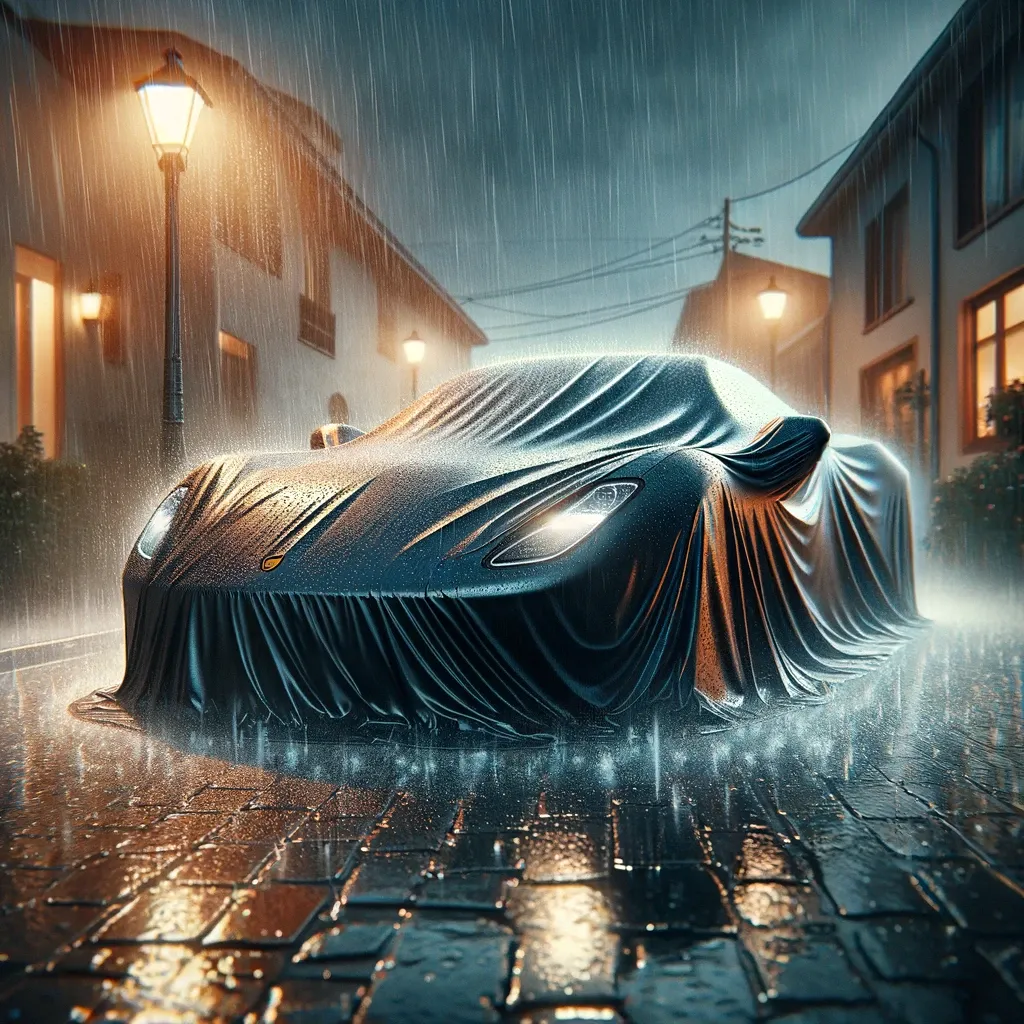 A sport car with a water prof car cover.