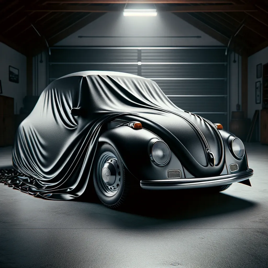 A vw beetle black satin BL car cover in a indoor garage.