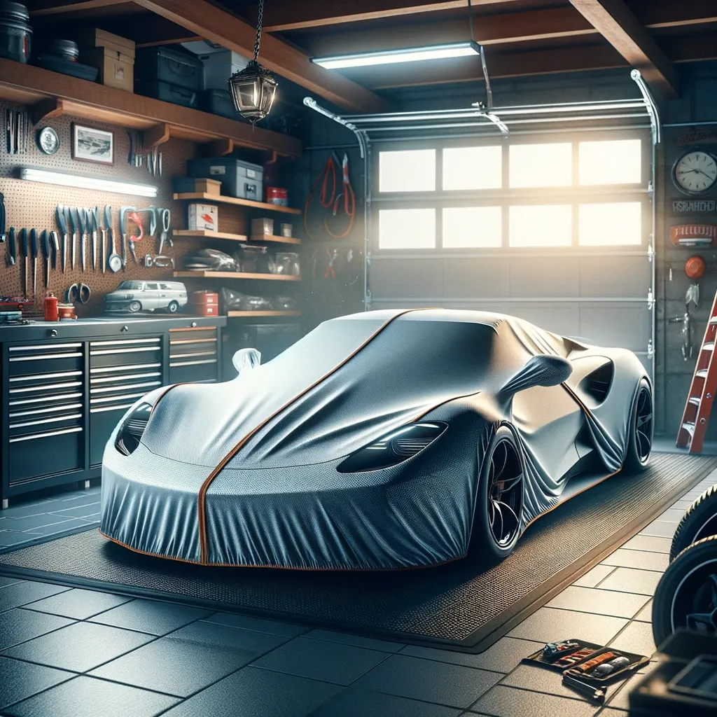 A sportscar is covered by a sliver indoor car cover in a garage.