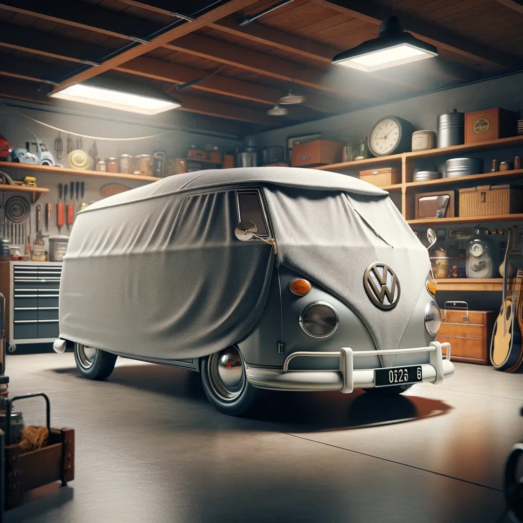 A Volkswagon combi is covered in the garage.
