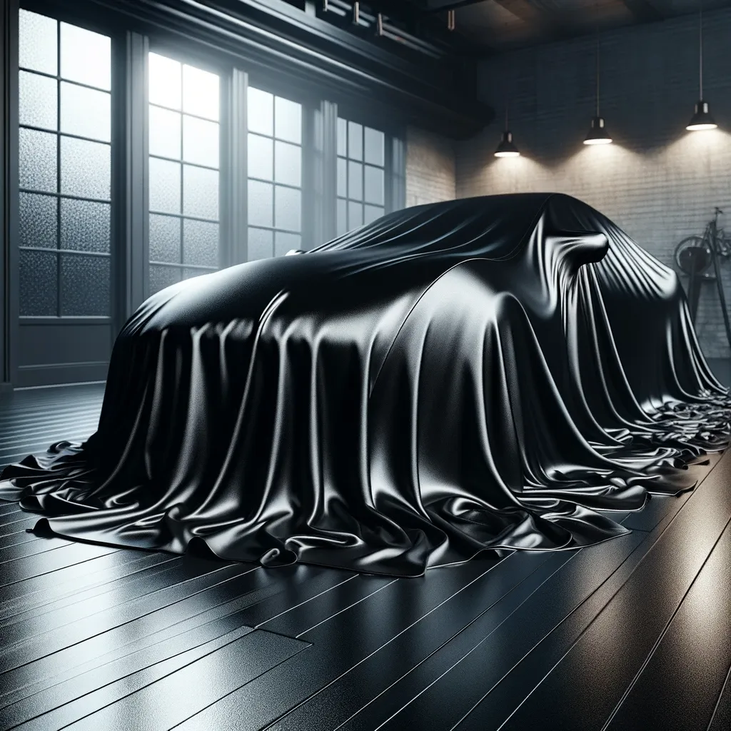 A car is covered indoors with a black satin cover.