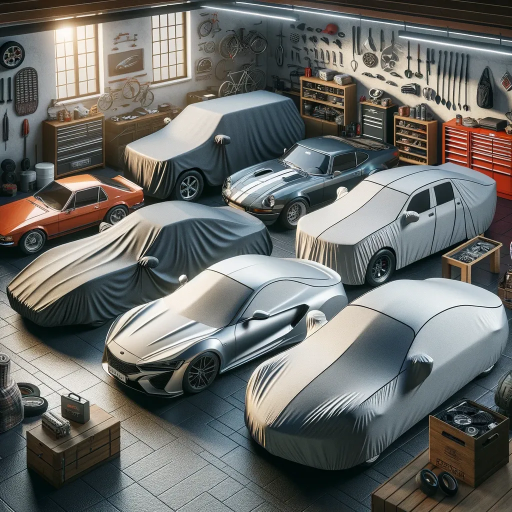 Different types and sizes car covers in a garage.
