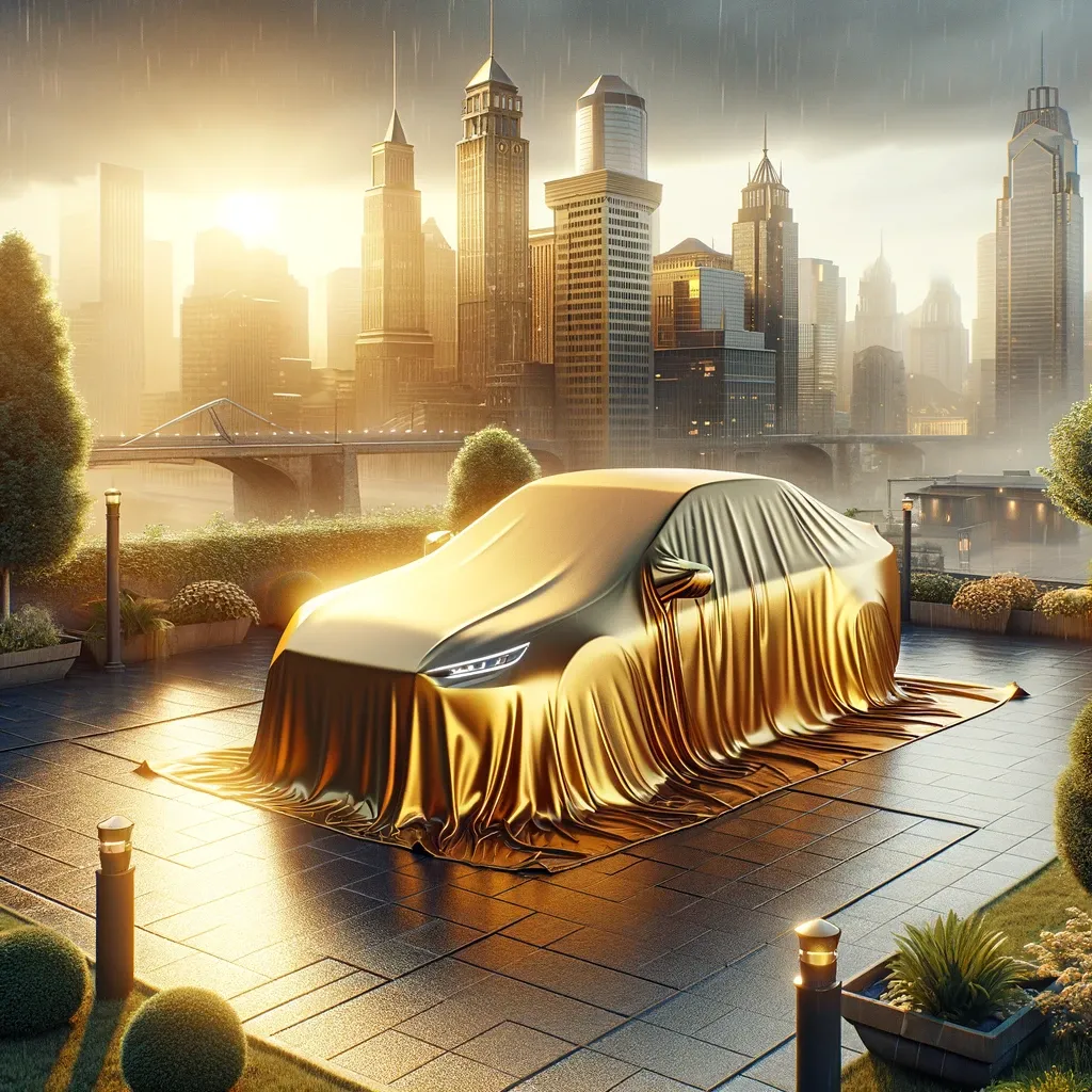 A gold shield car cover on the roof top of a big city.